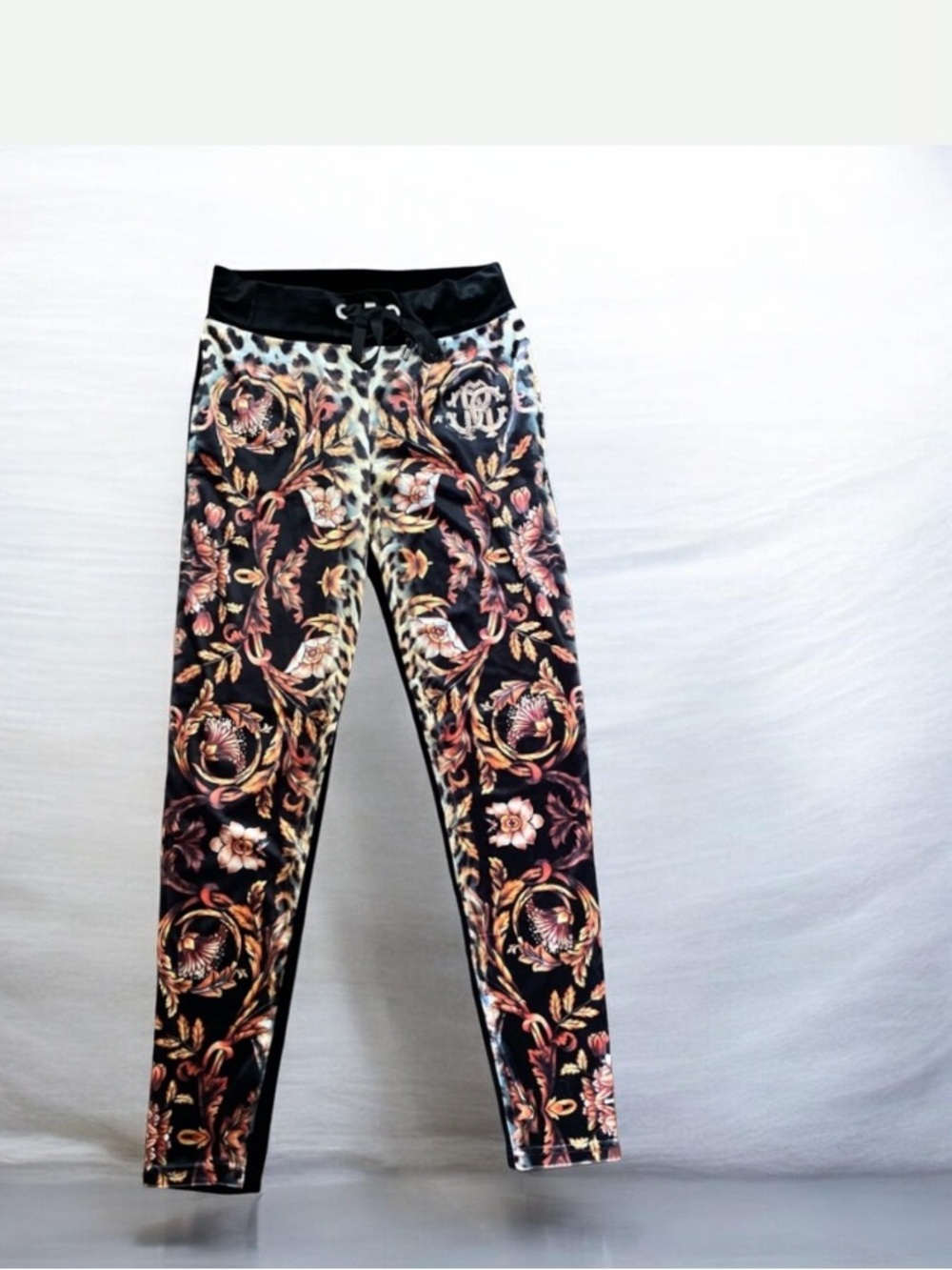 NWOT Robert Cavalli Cotton Licra Black Velvet Floral Legging Jogger Size S